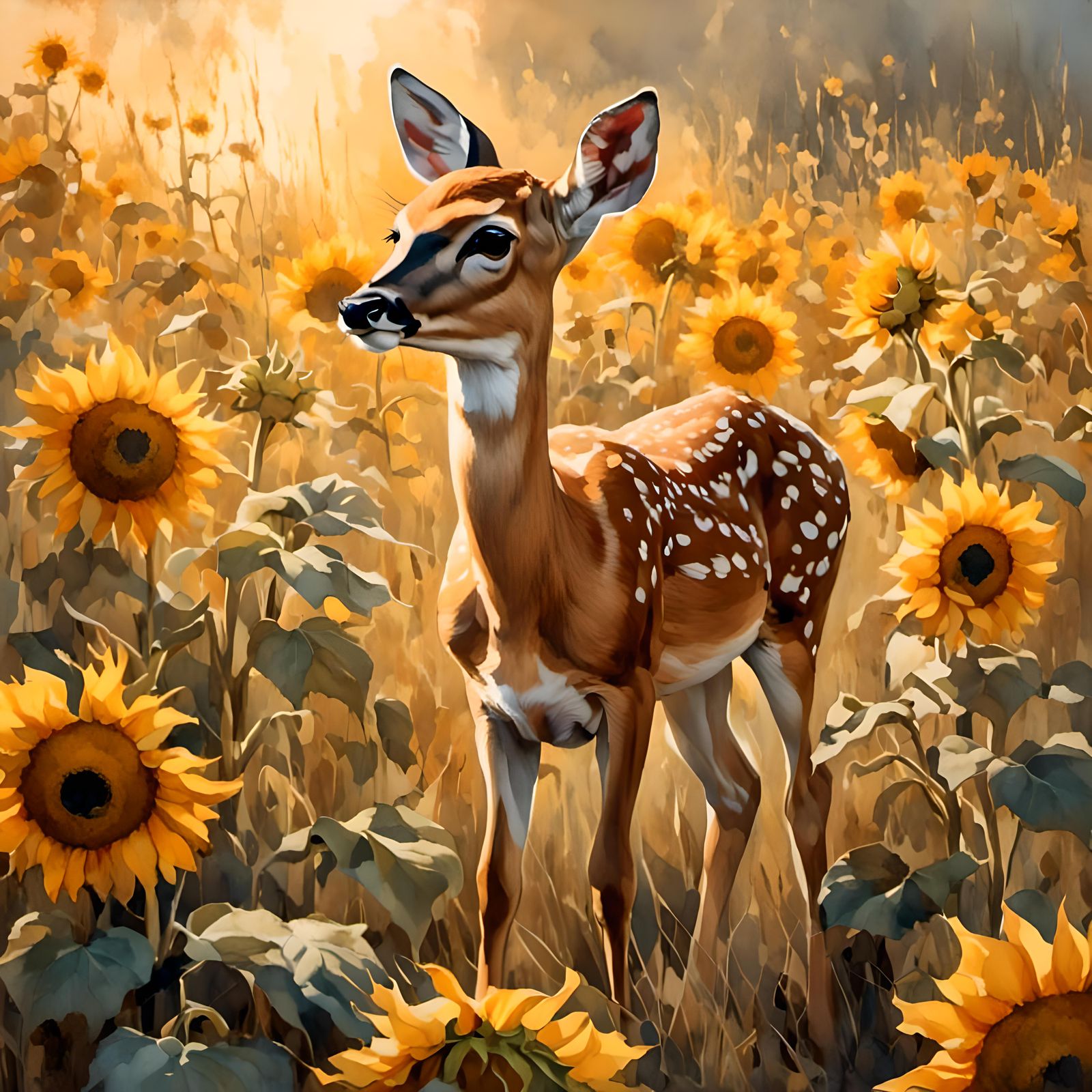 Whitetail Fawn in Sunflower Field, Romantic Watercolor