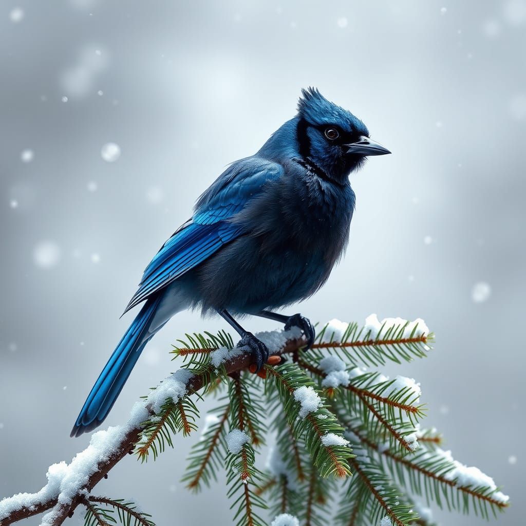 Stellar's Jay in Snowlight, Realistic Shimmering Feathers