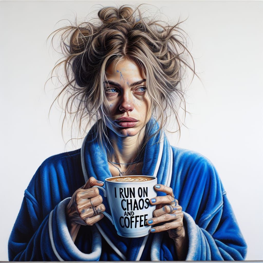 Tired Woman with Coffee Cup in Hyperrealistic Style