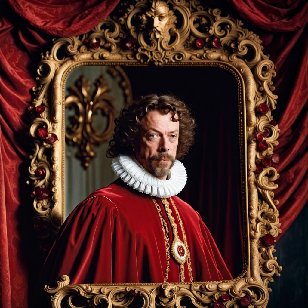 Cardinal Richelieu Admiring Himself in Rococo Mirror