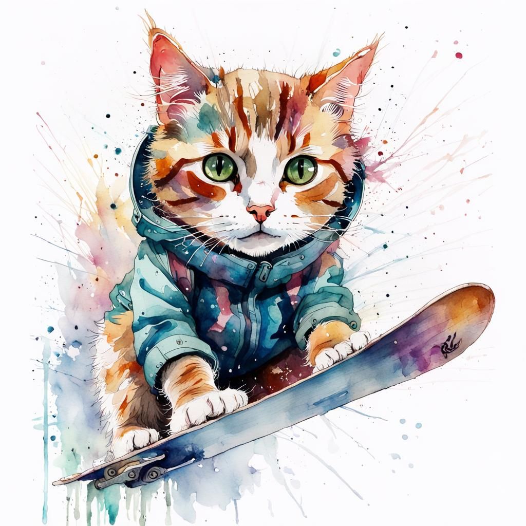 Cute Cat Snowboarding in Watercolor Style
