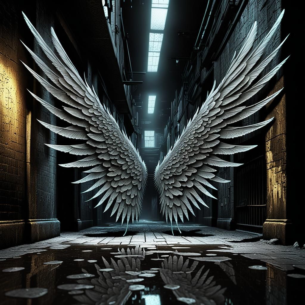 Griffin Wings Scrubbing Floor in Biopunk Alleyway
