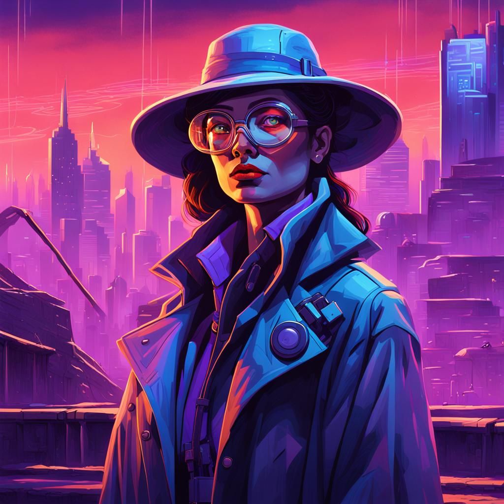 Cyberpunk Archaeologist in Retro-Futuristic Cityscape