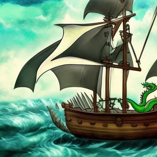 Green Dragon Sails Pirate Ship: Anime Style