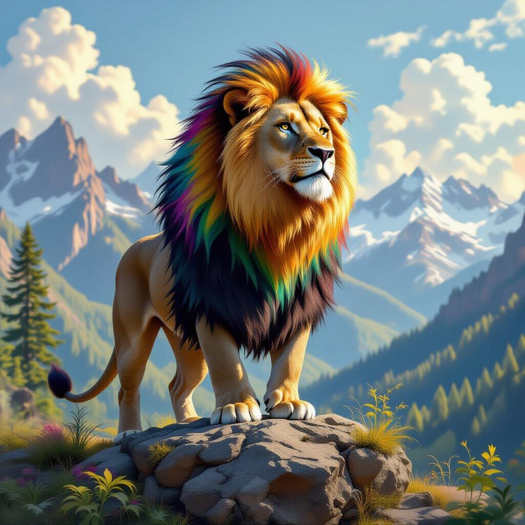 Rainbow Maned Lion Overlooking Prehistoric Landscape