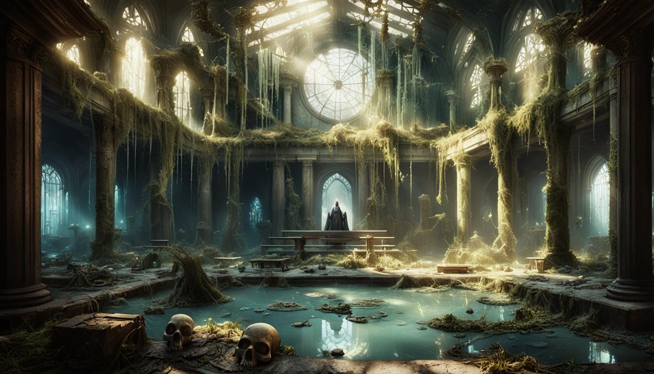 Abandoned Temple with Statue in Cinematic Style