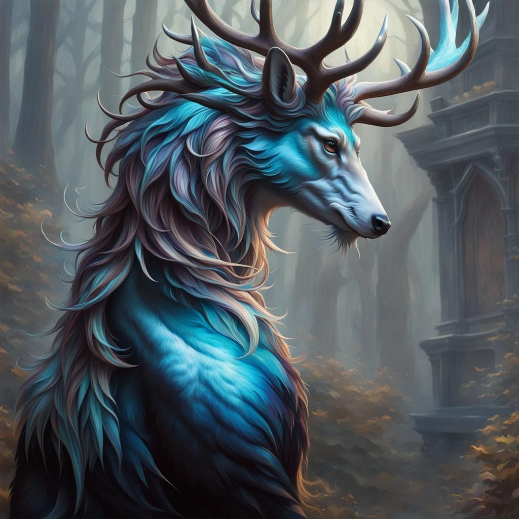 Mythological Antlered Creature in Dream Realm, Hyperdetailed...