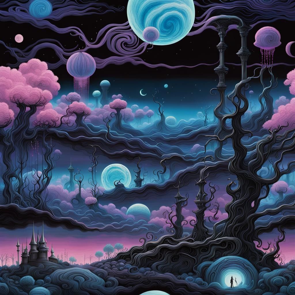 Cosmic Dreamscape: Amano, Burton, and Giger Fusion