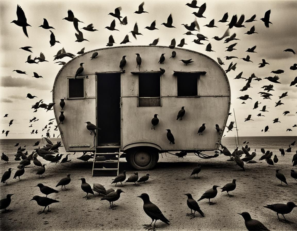 Surreal Starlings Caravan: Intricately Detailed Photograph