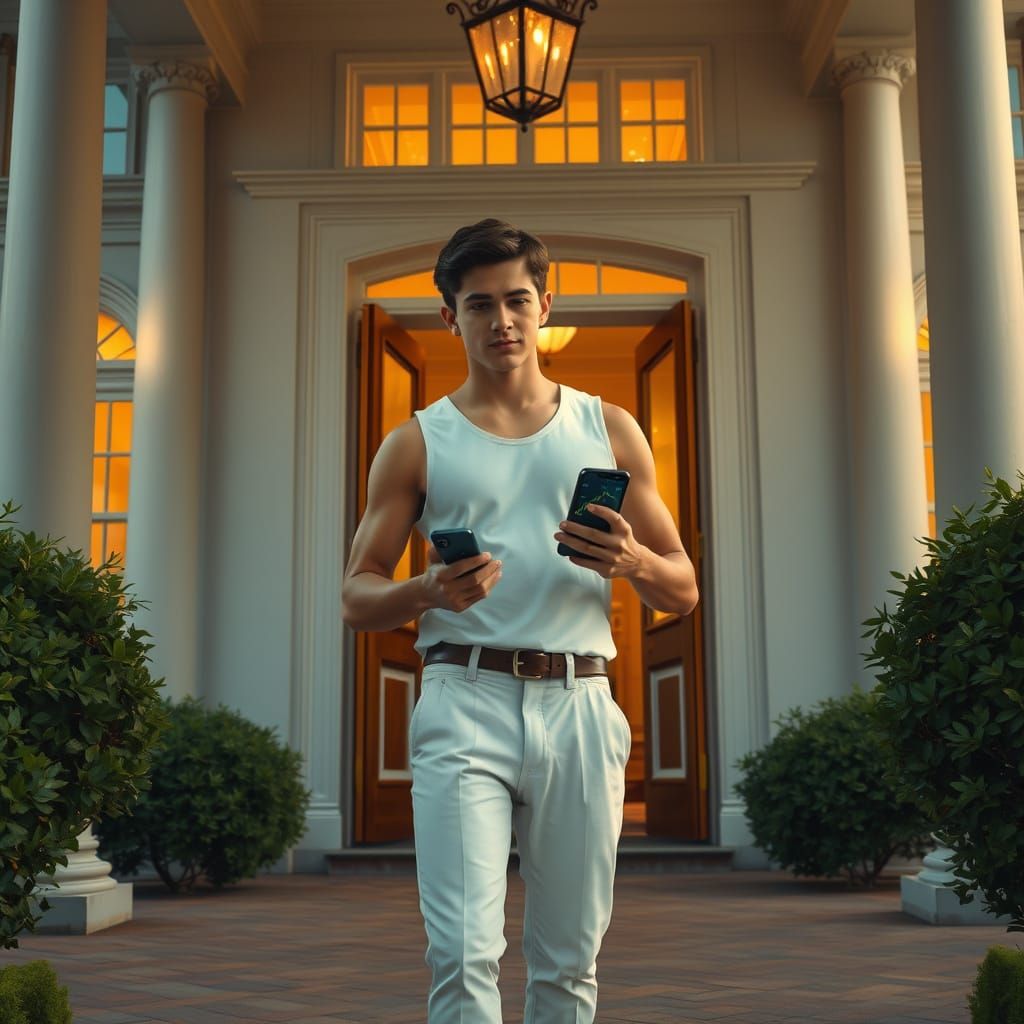 Young Man Celebrates Trading Success in Grand Neoclassical M...