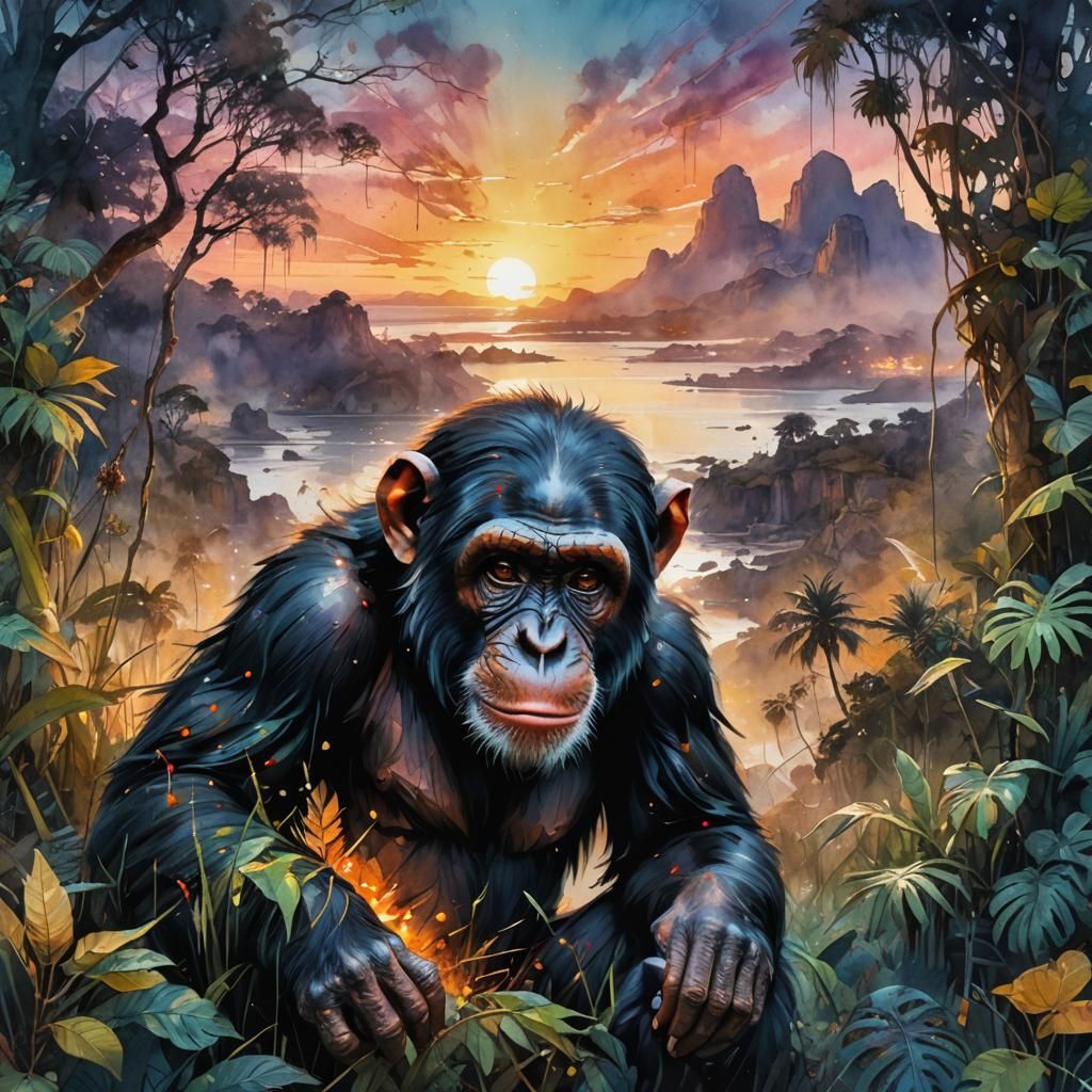 Chimpanzee Sunset in Digital Watercolor Style