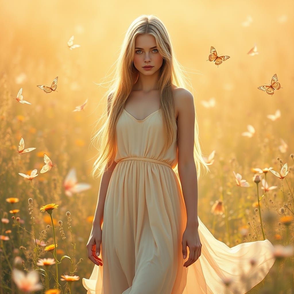 Young Woman Stands Resolutely in a Vibrant Floral Field