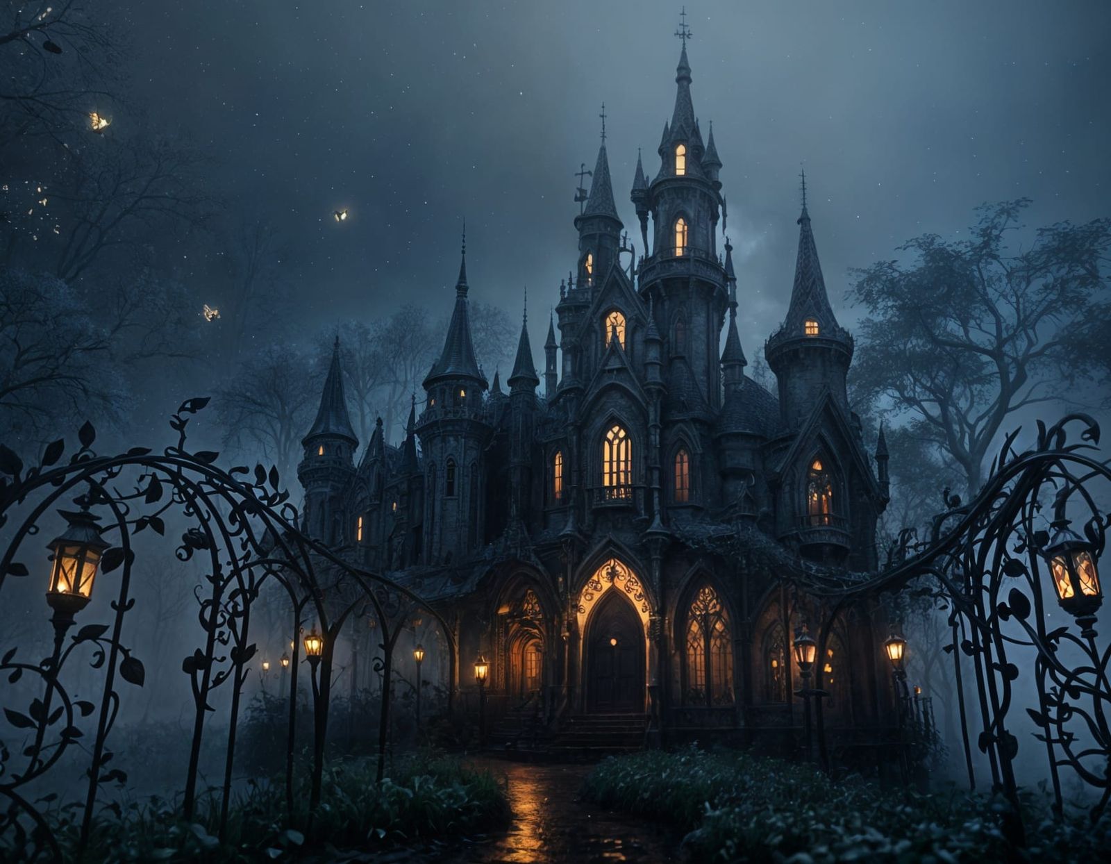 Mysterious Gothic Castle in Moonlight, Whimsical Art