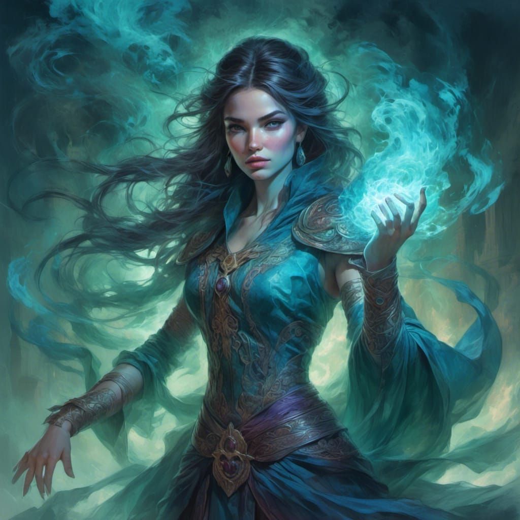 Girl Mage with Fractal Smoke Effects