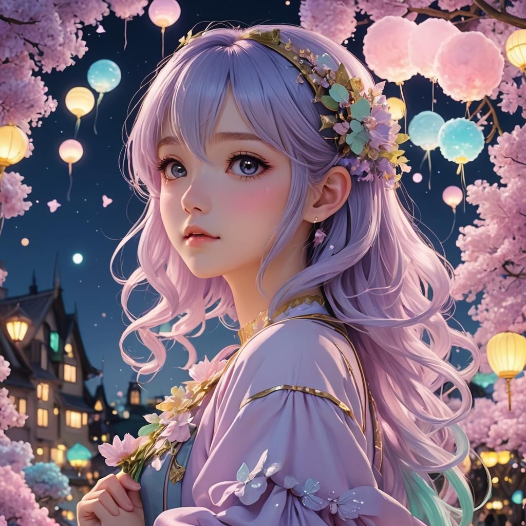 Anime Girl at Night in Pastel Wonderland