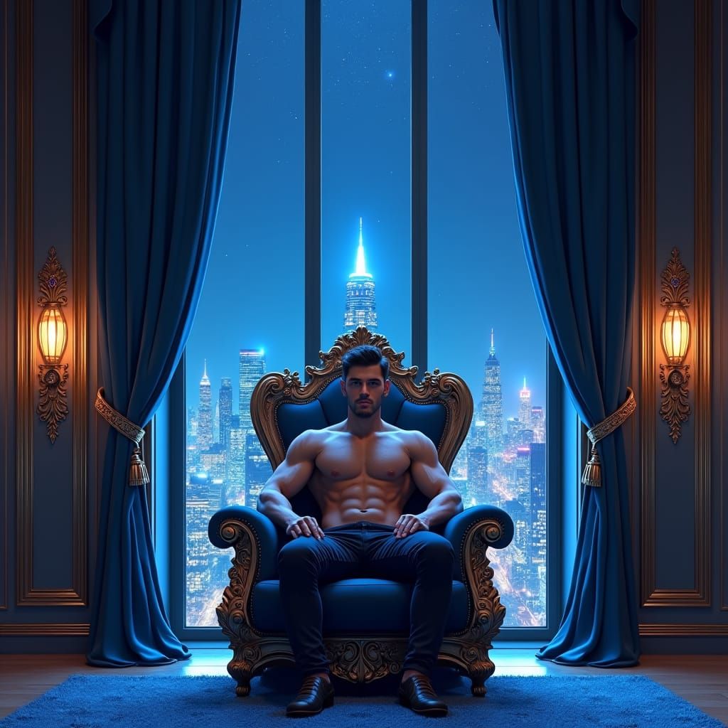 Royal Blue Throne Room with Night Skyline