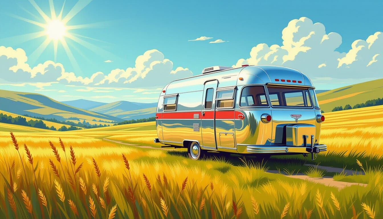 Vintage Caravan in Sunny Meadow, Retro Travel Poster Style