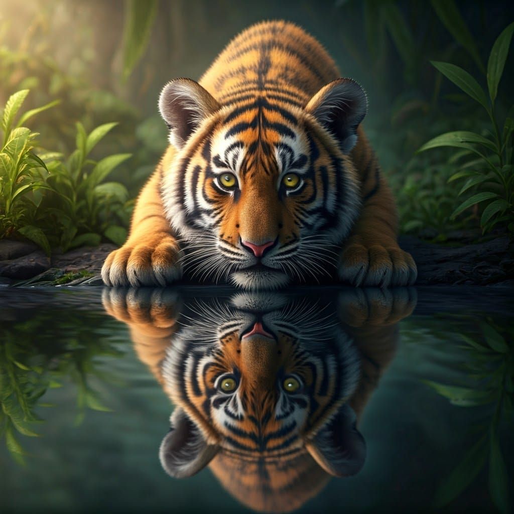 Vibrant Tiger Inspects Its Reflection in a Serene Forest