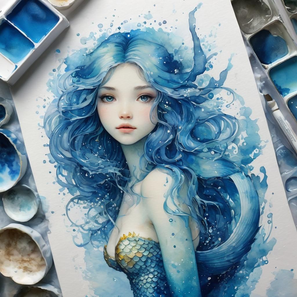 Dangerous Mermaid in Deep Blue Sea: Watercolor Art