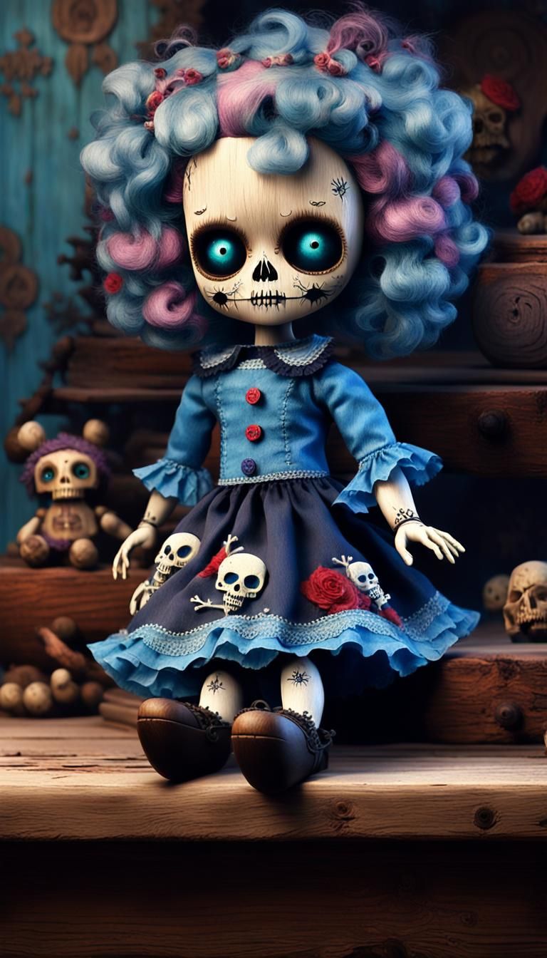 Creepy Doll with Teddy Bear in Lowbrow Style