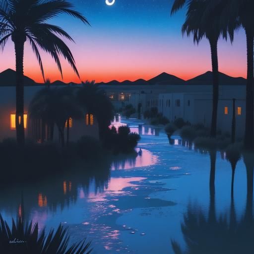 Surreal Night Flood in Sahara Desert as Oil Painting