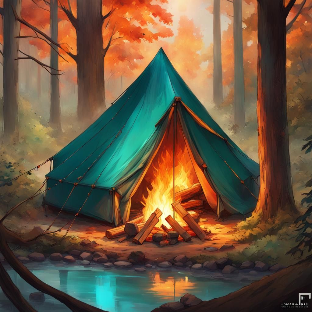 Watercolor Tent and Campfire in Lush Forest