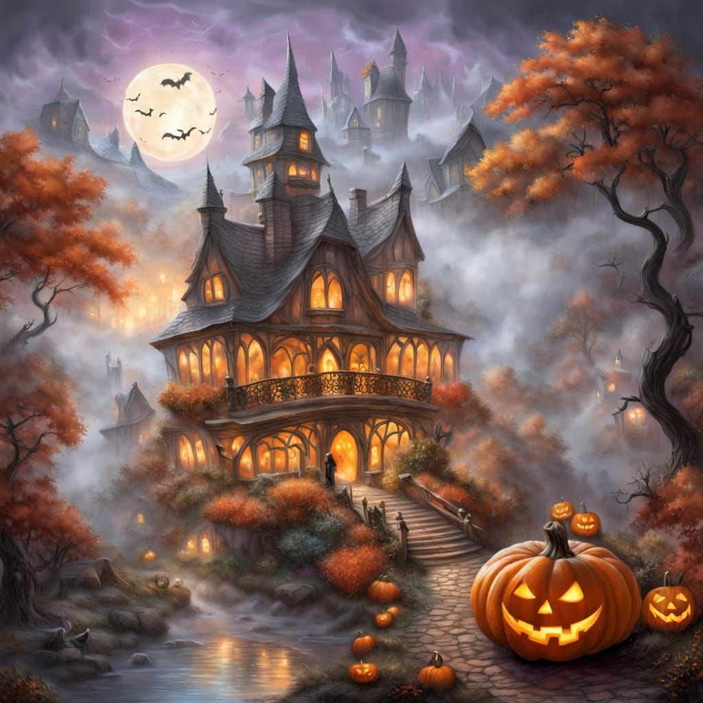 Ethereal Halloween Village Inside Glass Pumpkin