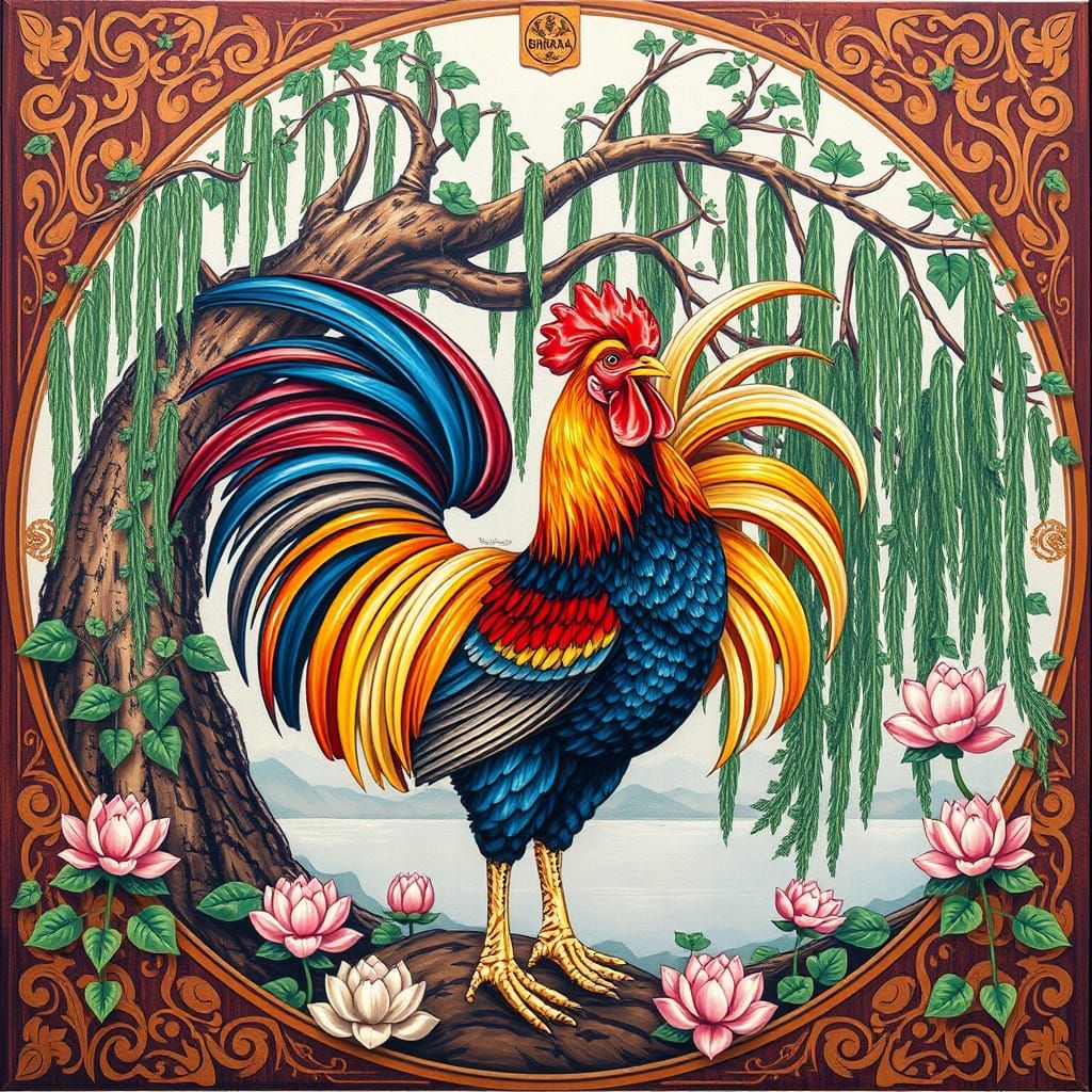 Colorful Chicken Under Willow Tree in Art Nouveau Style