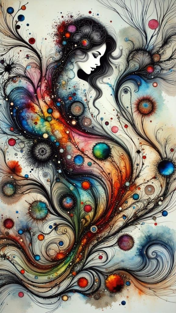 Abstract and flowing style, gorgeous woman in scratchy water...