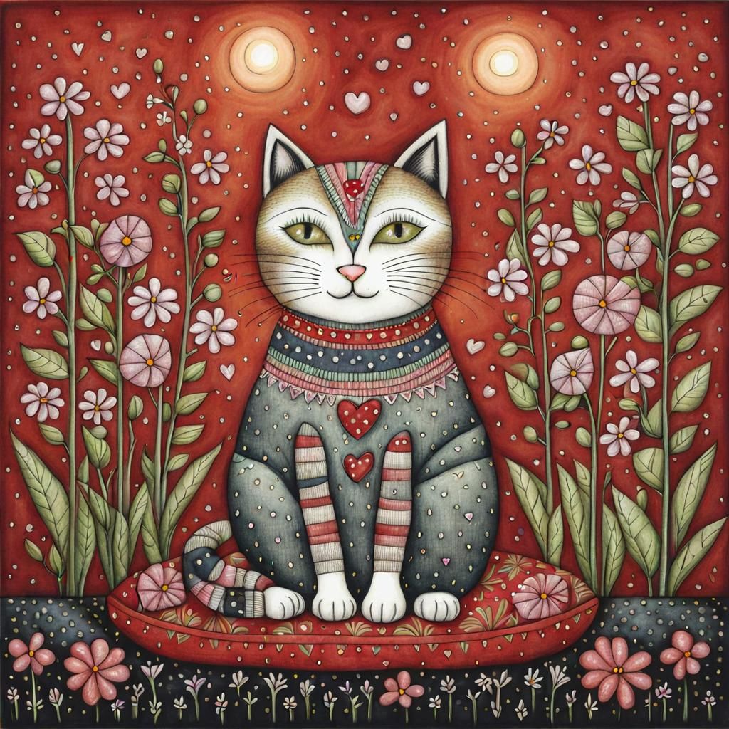 Cute Cat Surrounded by Flowers in Whimsical Style
