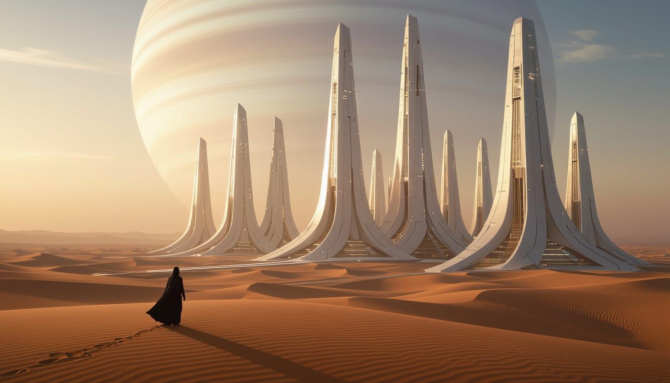 Alien Spires Under Gas Giant: Futuristic Desert Landscape