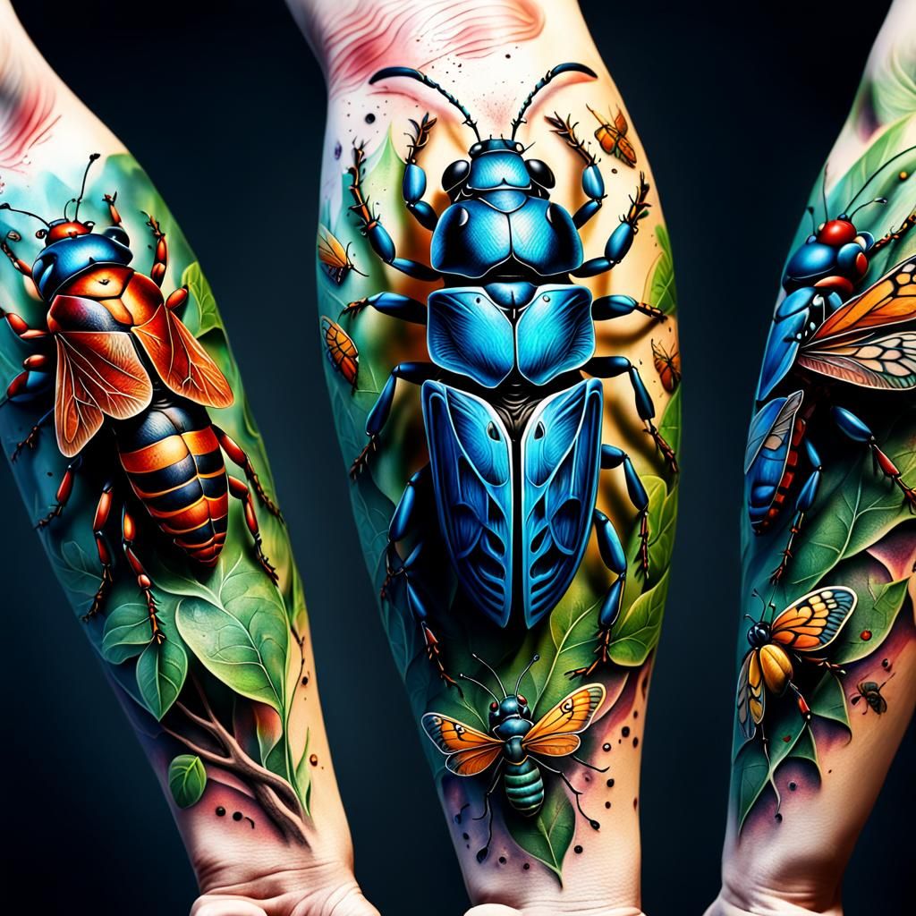 Insect Tattoos on Human Arms: Detailed Matte Painting