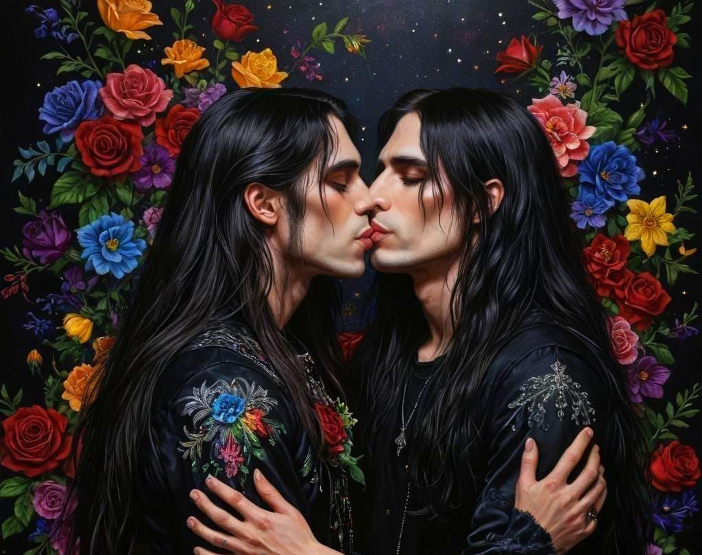 Gothic Metalheads Kiss in Glittering Floral Portrait