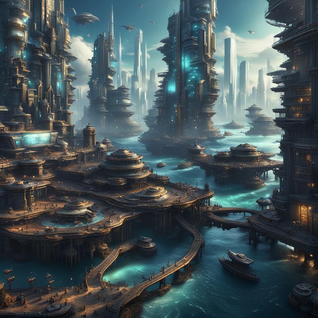 Futuristic Metallic Cityscape on a Sci-Fi Beach