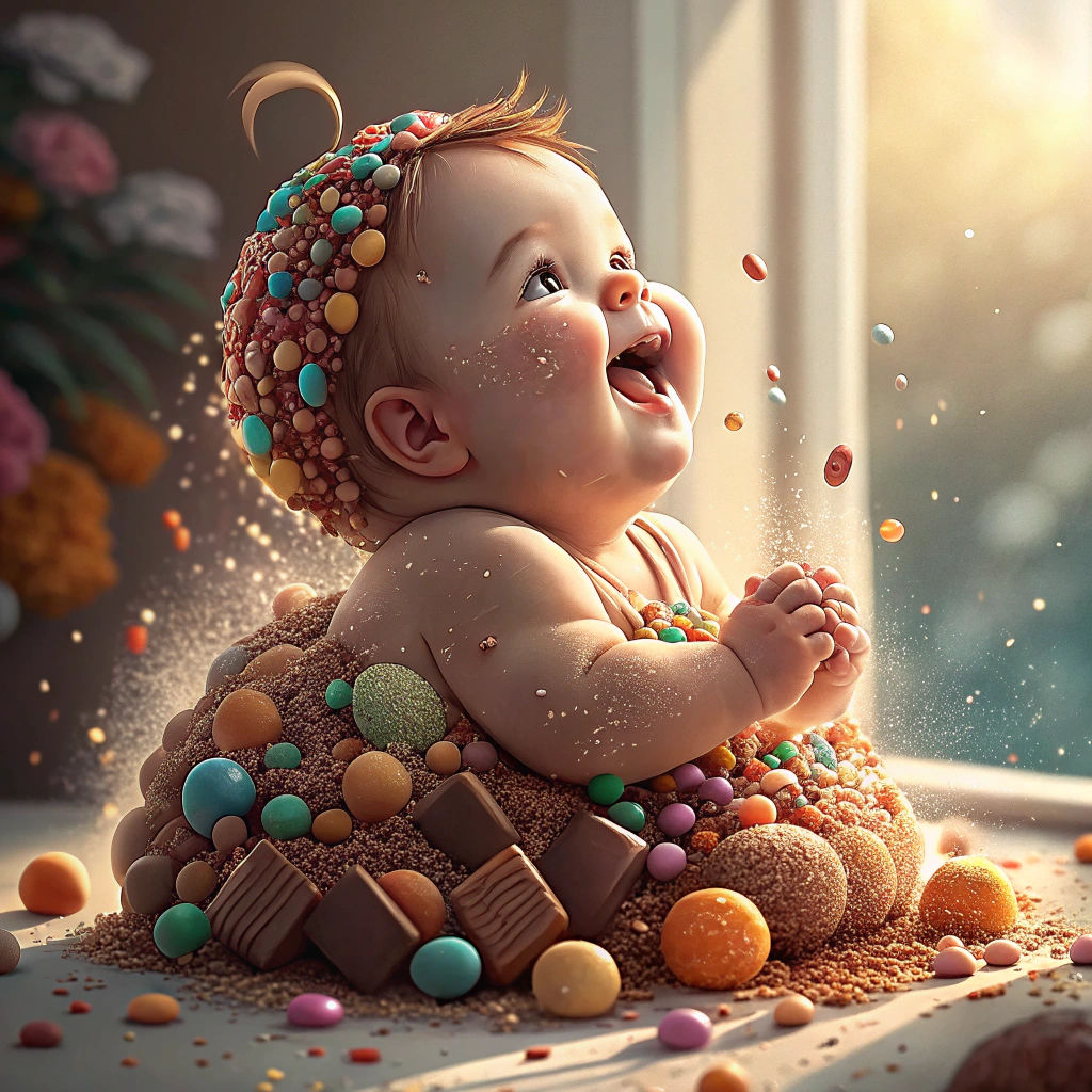 Baby Surrounded by Candies in Golden Light