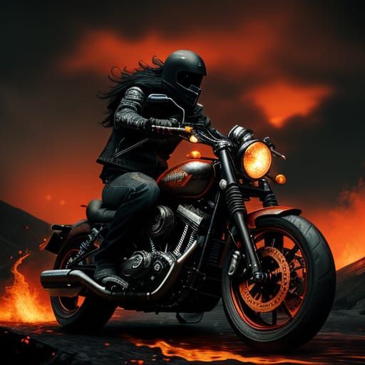 Lone Biker in Fiery Dark Fantasy Landscape