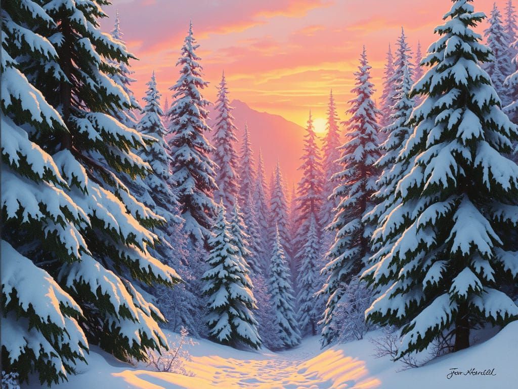 Magical Forest Landscape in Warm Sunset Light