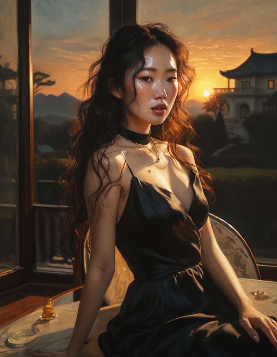 Surreal Oil Painting: Korean Woman in Mansion Bar