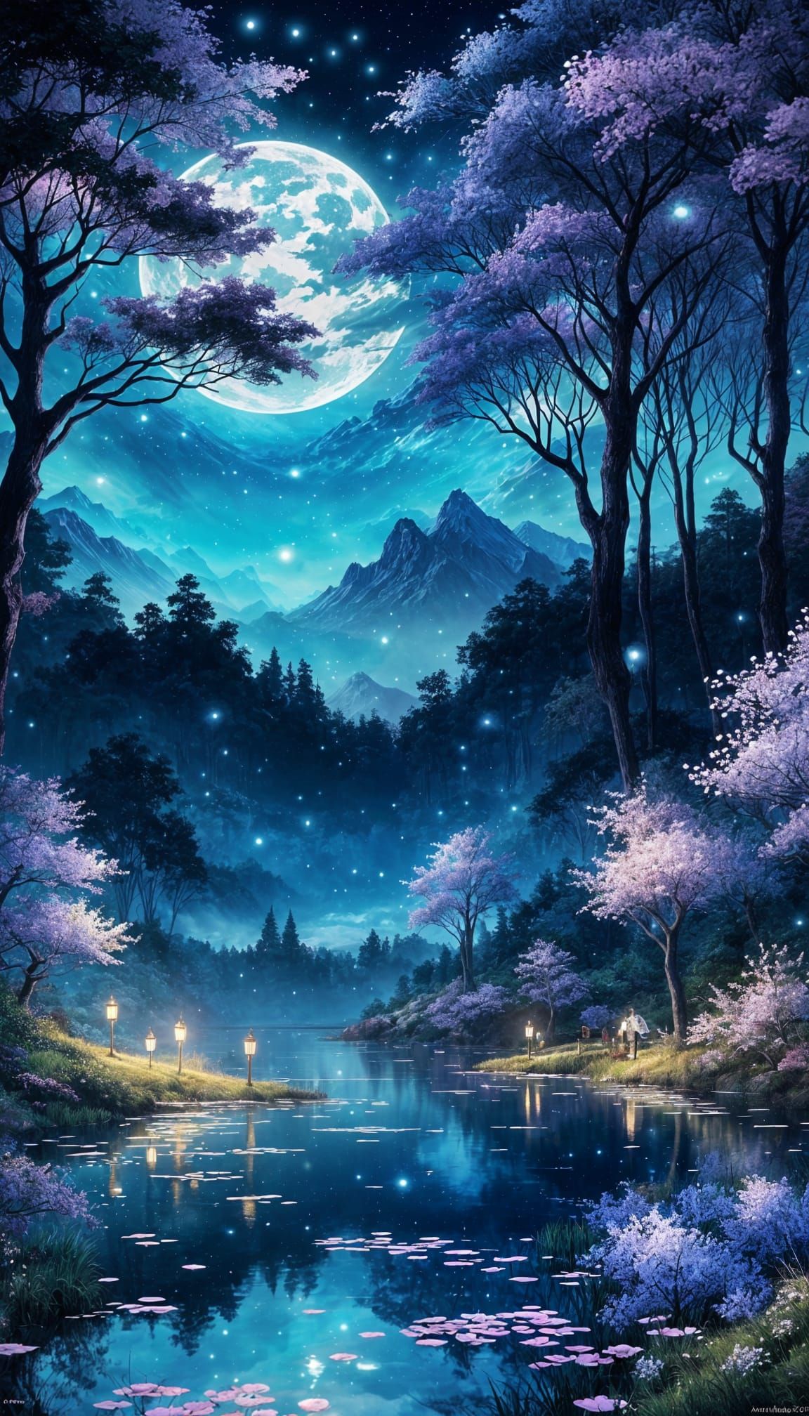 Night Lake Mountain Range in Anime Impressionism