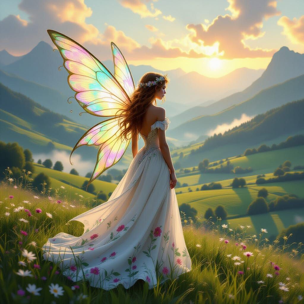 Fairy Overlooking Lush Countryside in Comic Book Style