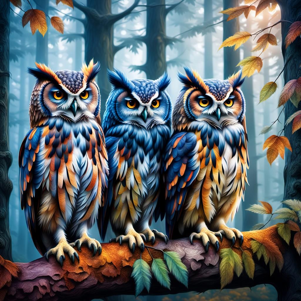 Three Colorful Owls in a Forest Tree