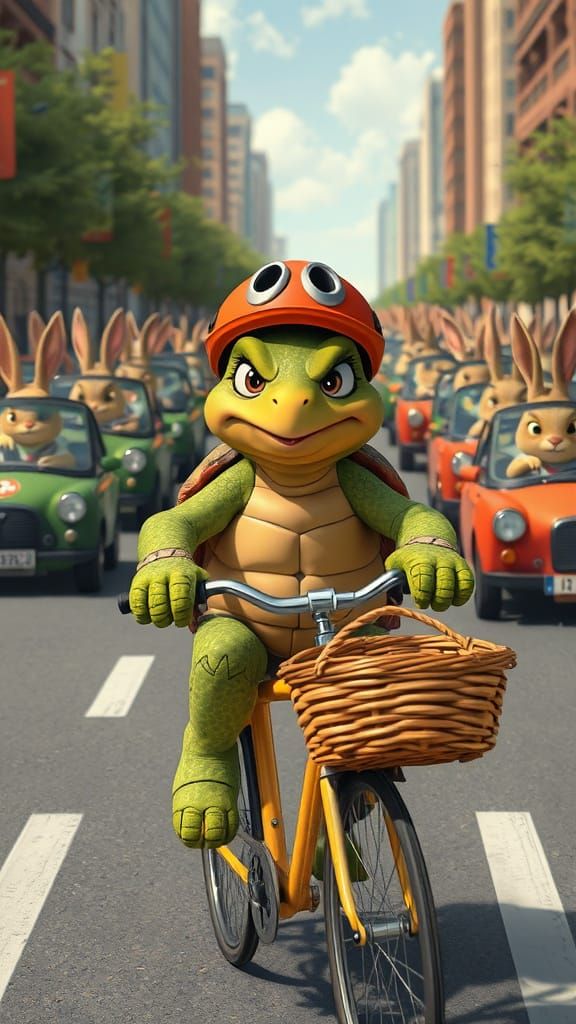 Turtle Pedals Through City Traffic in a Whimsical Cartoon Sc...