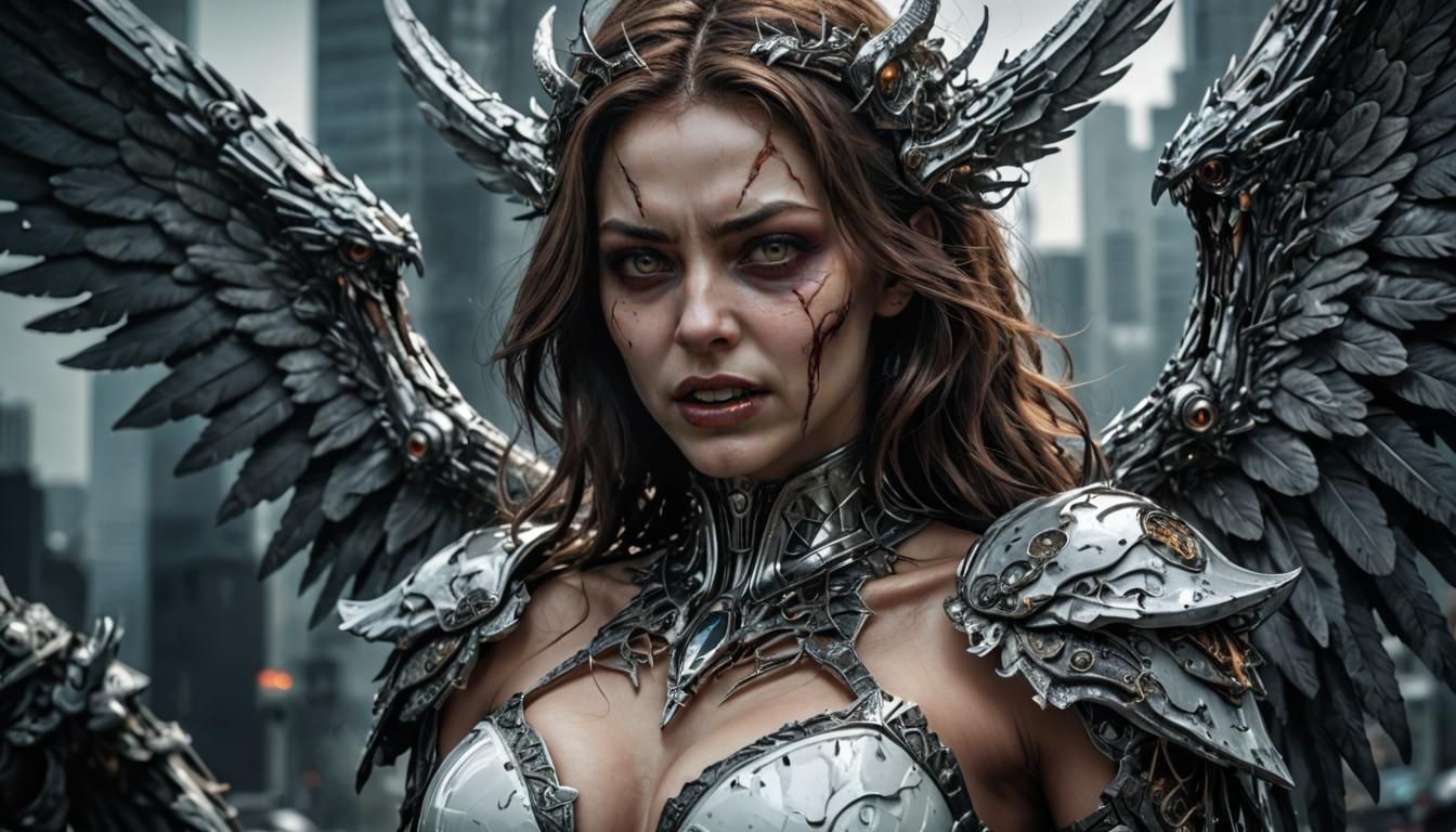 Futuristic Angel with Fangs in Hyperrealistic Style