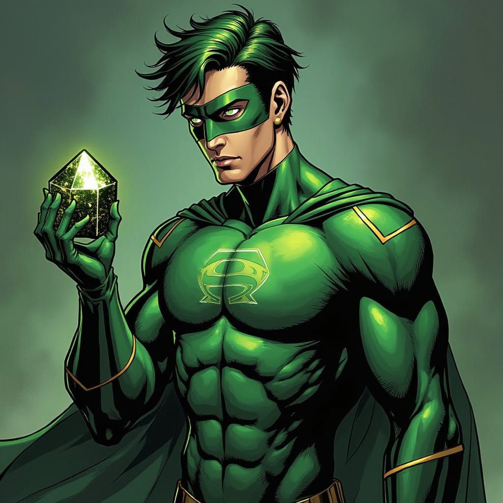 Teenage Superhero Green-Man in Metallic Green Suit with Gold...