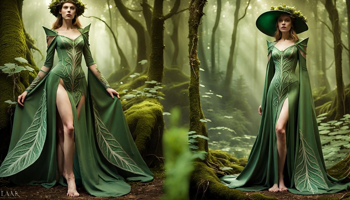 Elara in Enchanted Forest Dress and Verdant Crown