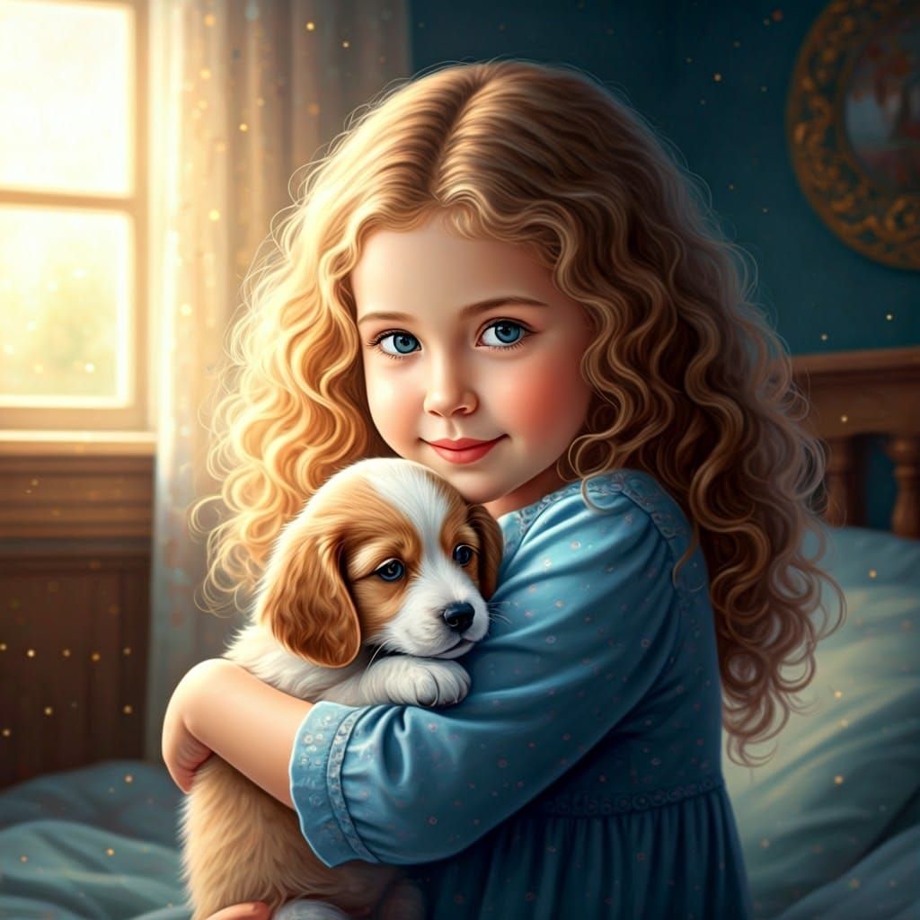 Girl Adoring Puppy in Ethereal Fantasy Setting