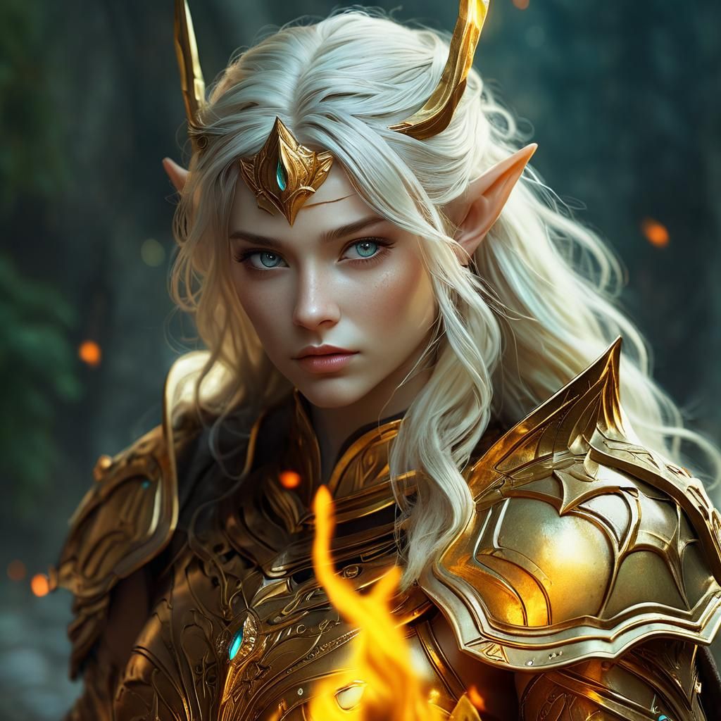 Elven Warrior in Golden Armor with Magical Flames