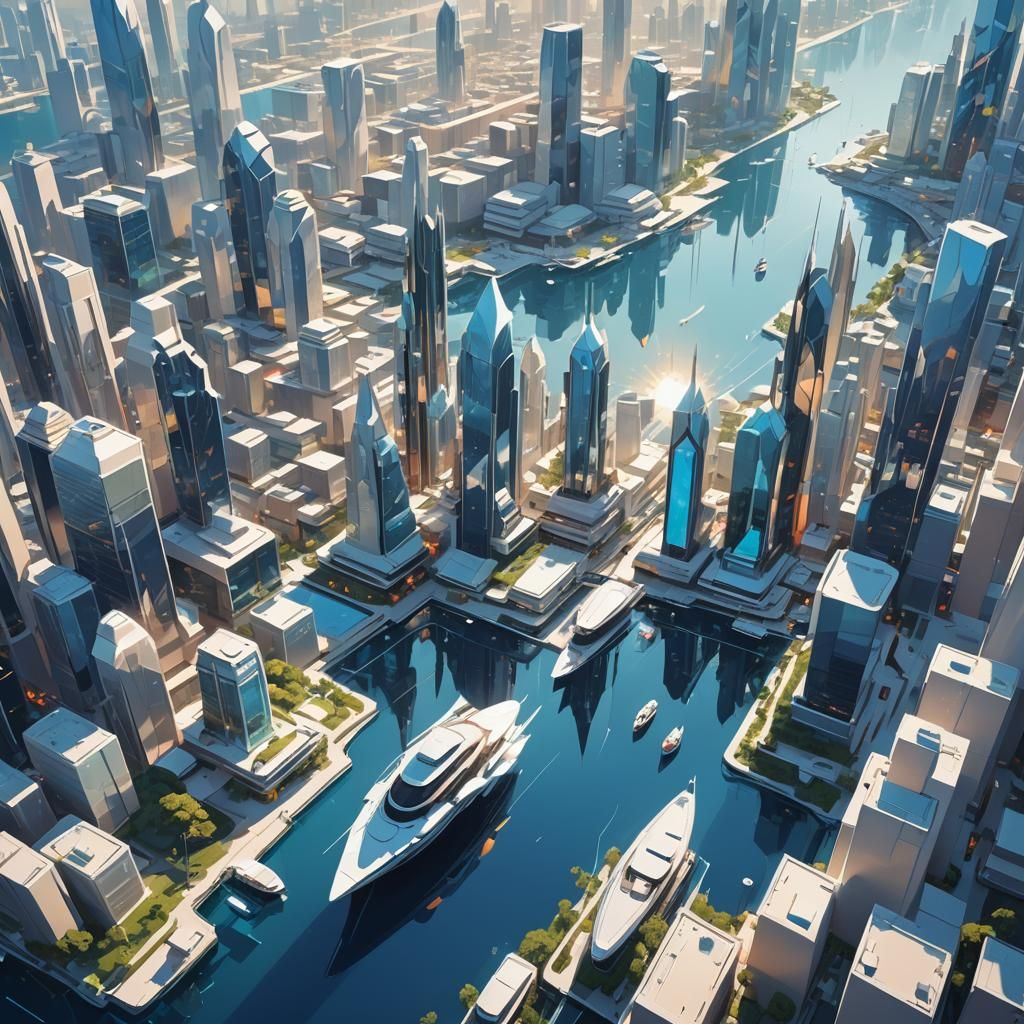 Dreamlike Futuristic Cityscape Floating Over Crystal Ocean