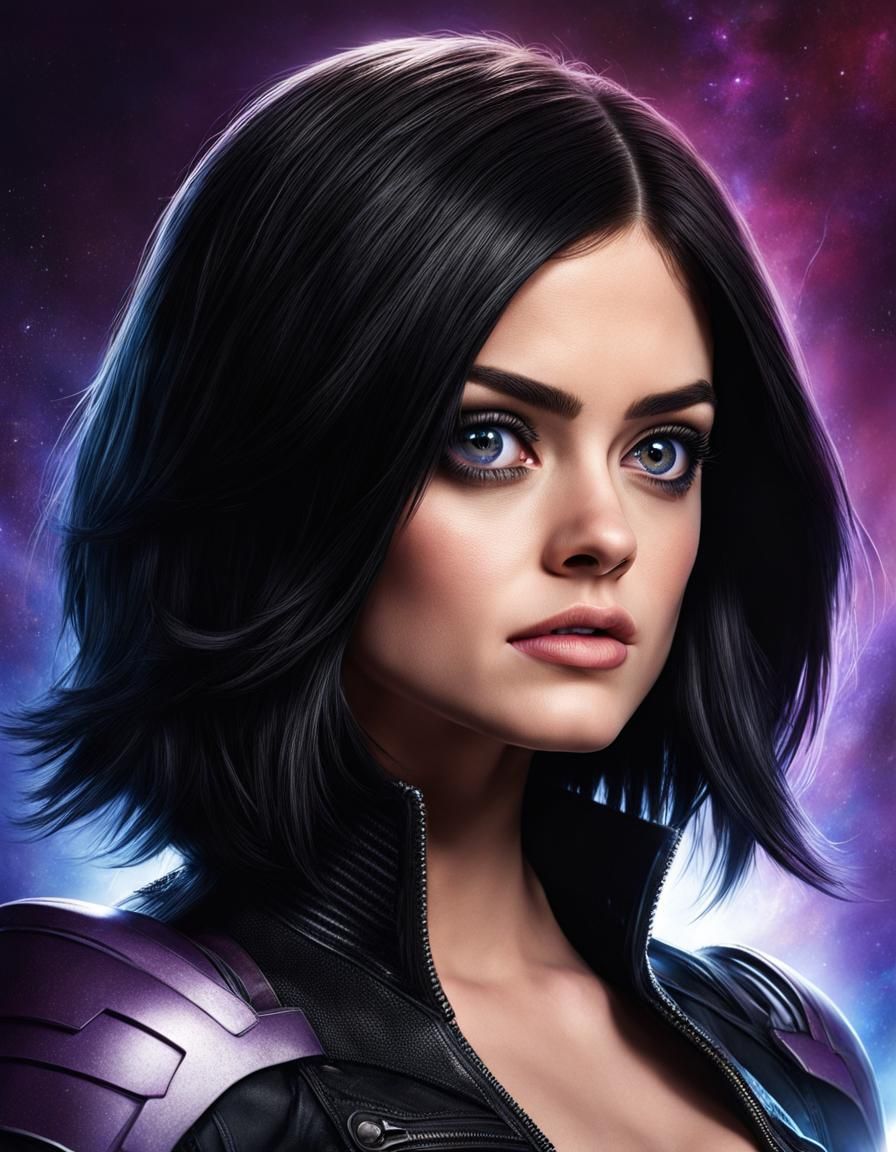 Portrait of Lucy Hale as Alita Battle Angel, large wide-open eyes, big eyes, perfectly formed iris
