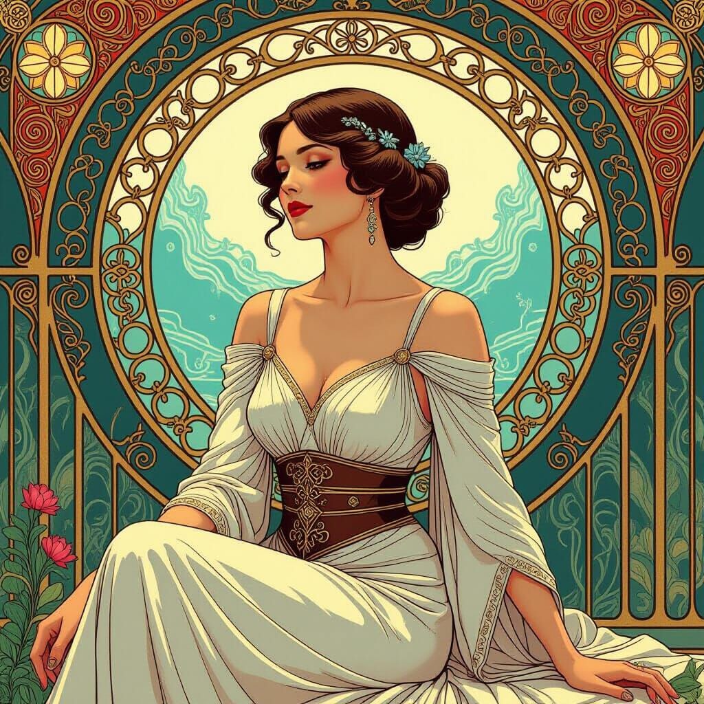 Elegant Woman in Tranquil, Futuristic Setting